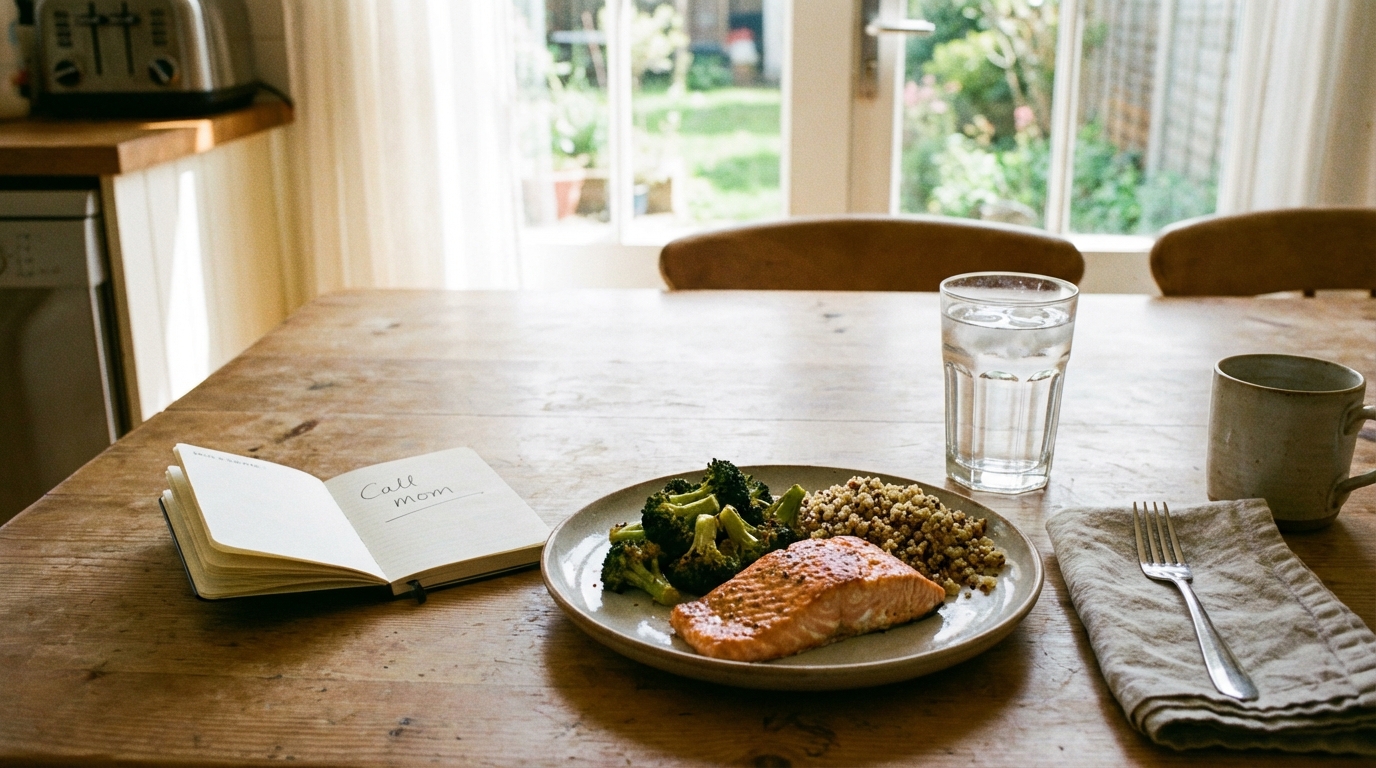 Balanced meal and notebook with one task written beside water