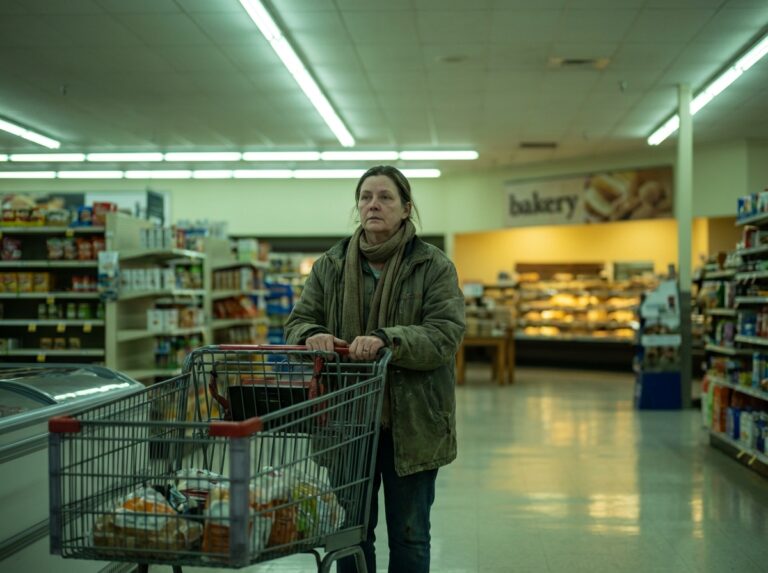 Woman paused in a grocery aisle holding a cart