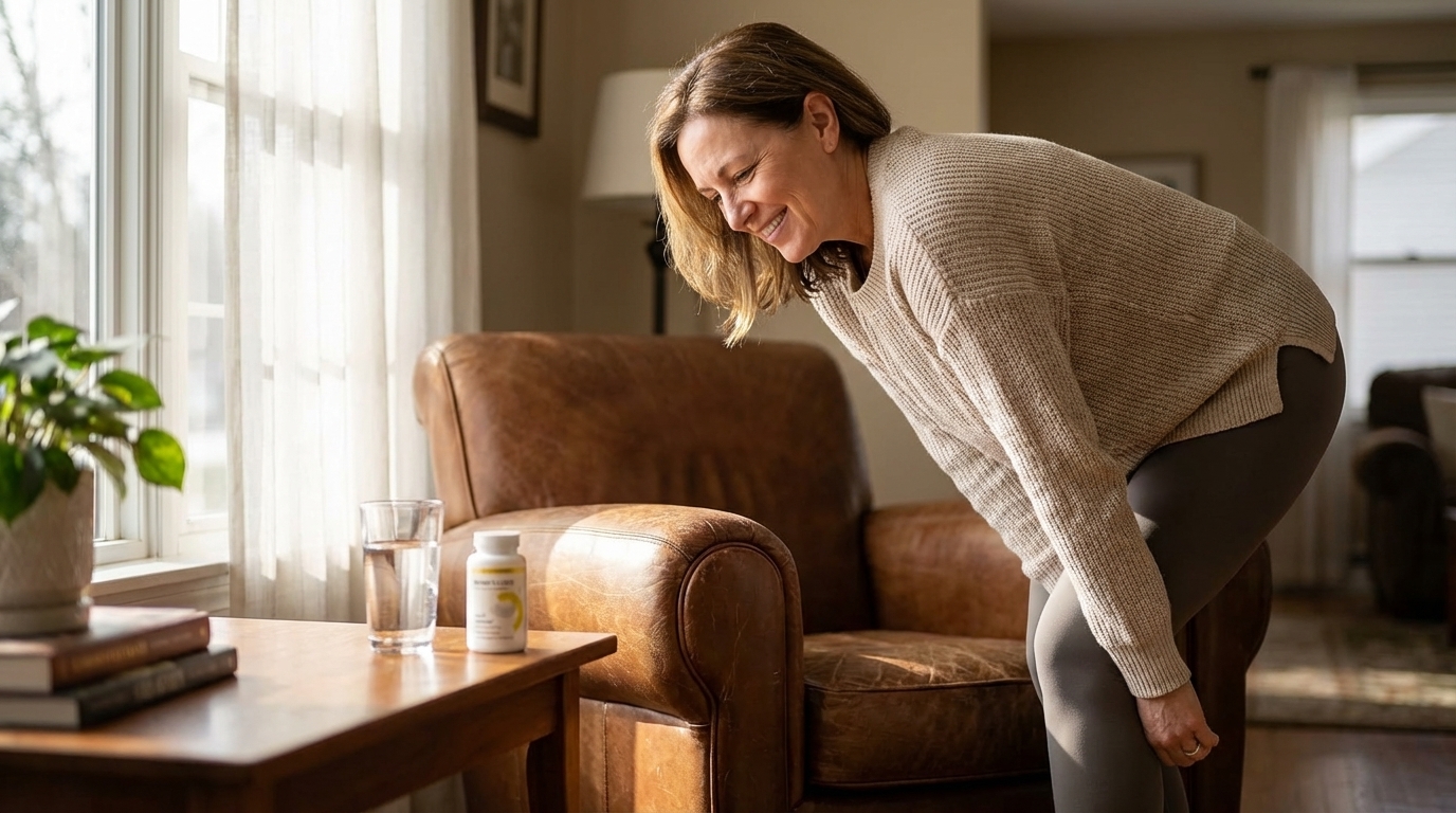 Midlife adult stretching at home with a supplement bottle nearby