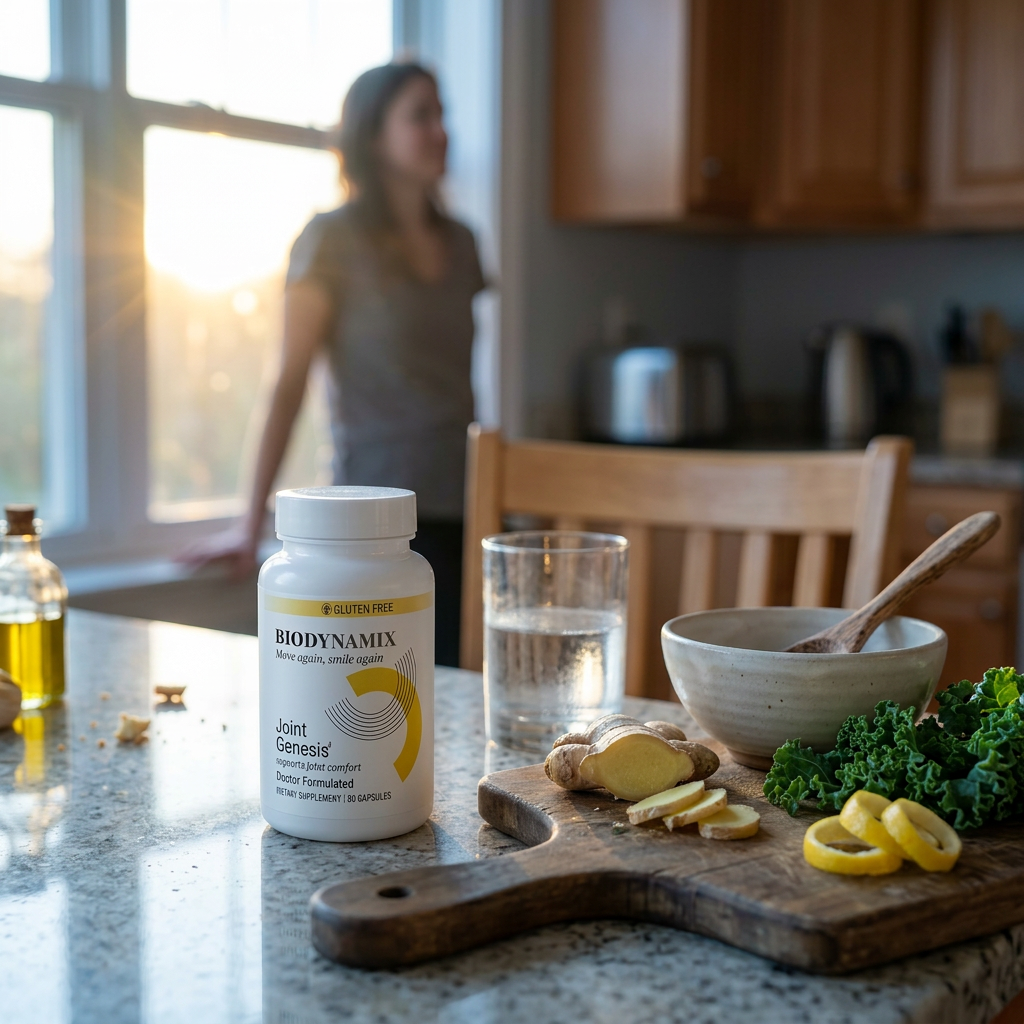 Supplement bottle beside fresh ginger and greens in a warmly lit kitchen