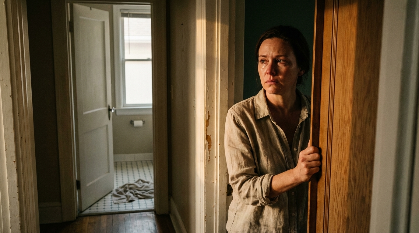 Woman in a doorway processing a tense moment in a softly lit hallway