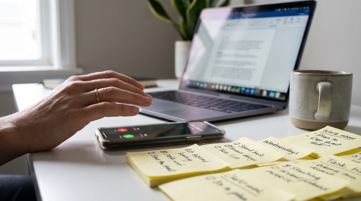 Hand turning a buzzing phone facedown beside a laptop