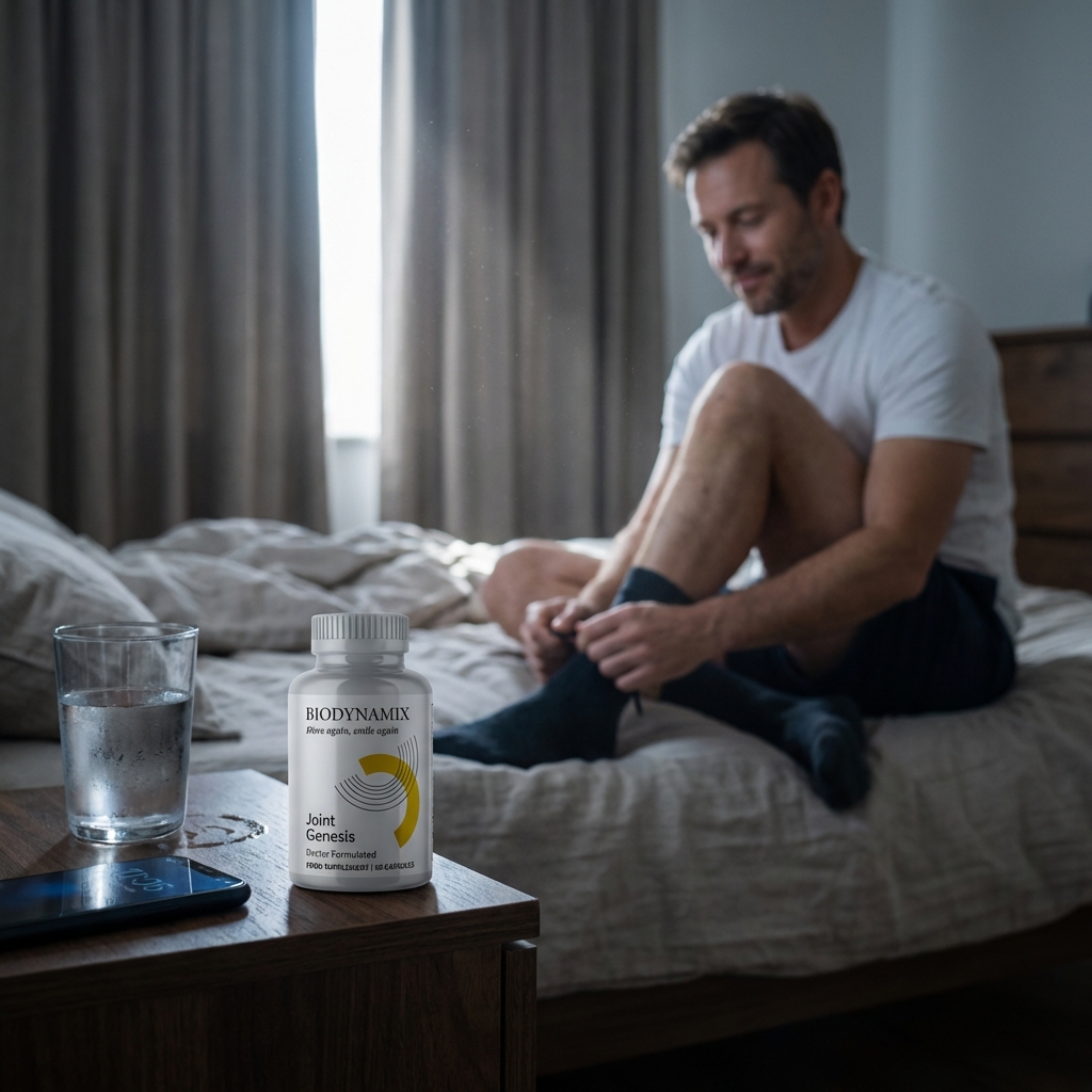 Joint Genesis bottle on nightstand in soft morning light