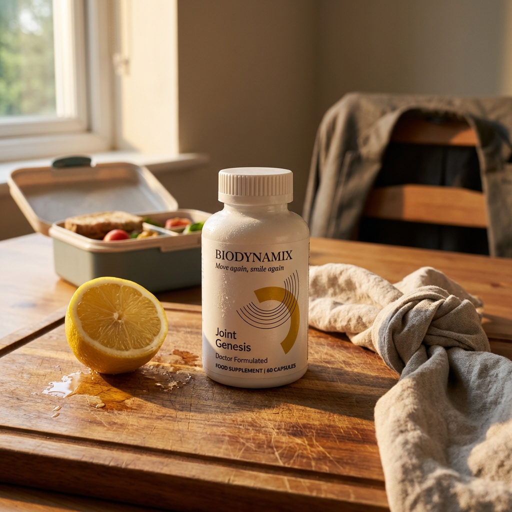 Joint Genesis bottle on a cutting board in warm kitchen light