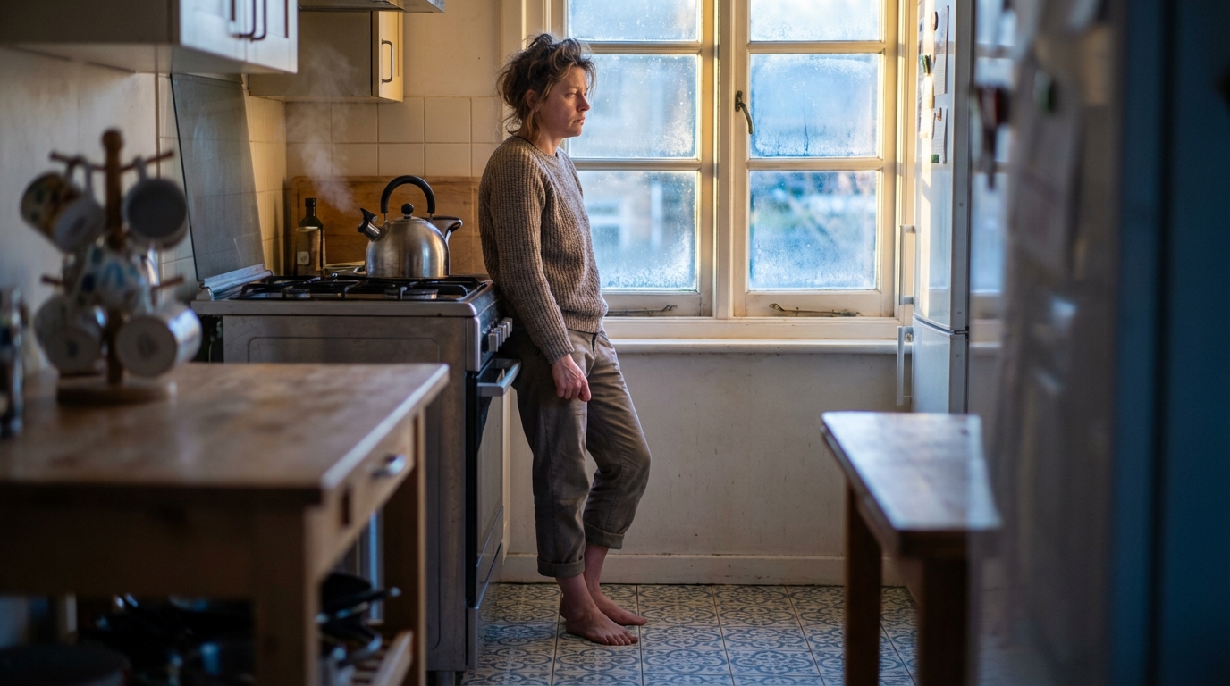 Person standing in a quiet kitchen at dawn, feeling stiff before the day begins