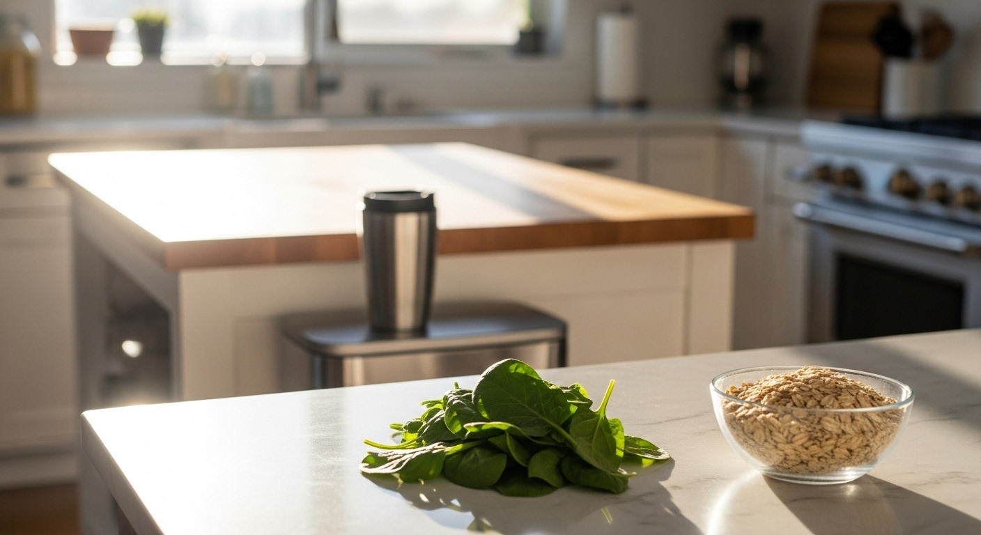 Quiet kitchen with fresh ingredients in dawn light
