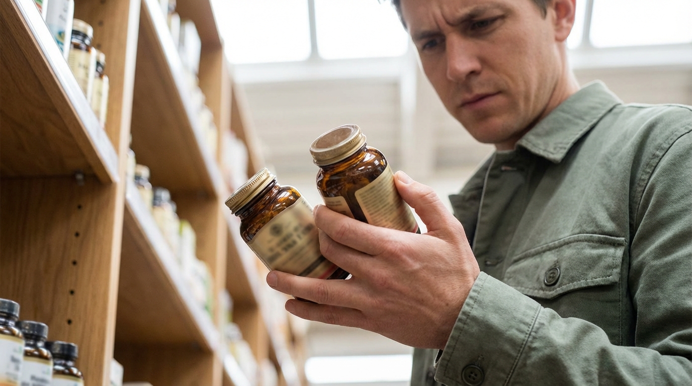 Hand comparing brain-supplement labels in store