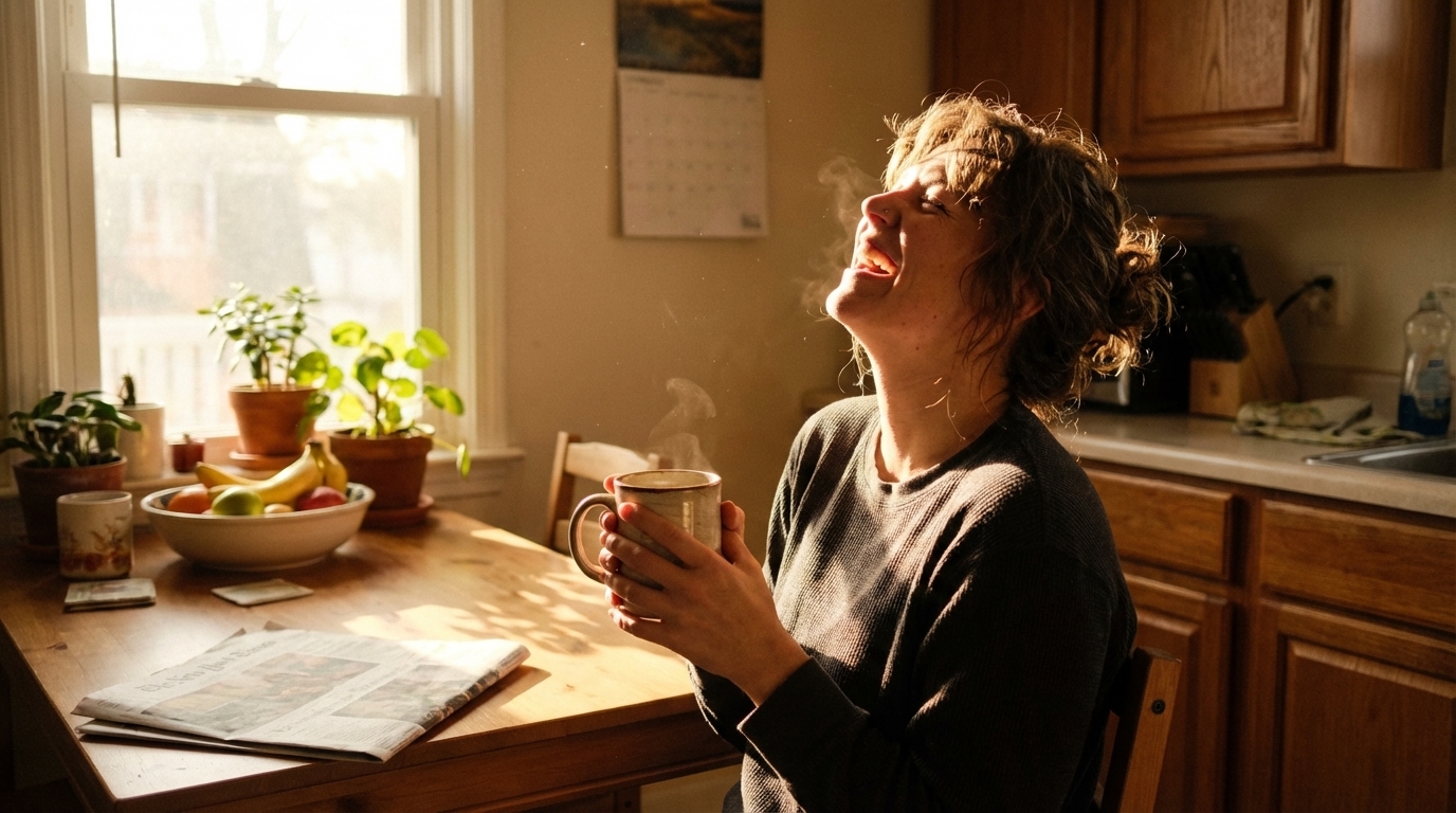 A person laughing softly in a sunlit kitchen