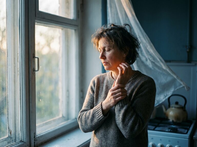 Midlife adult standing in soft morning light with a calm, relieved expression