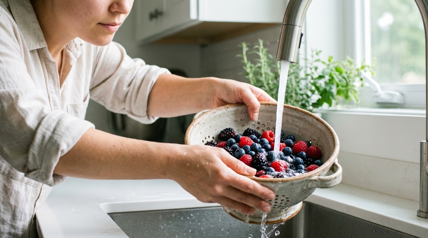 Hands rinsing berries in a sunlit kitchen sink