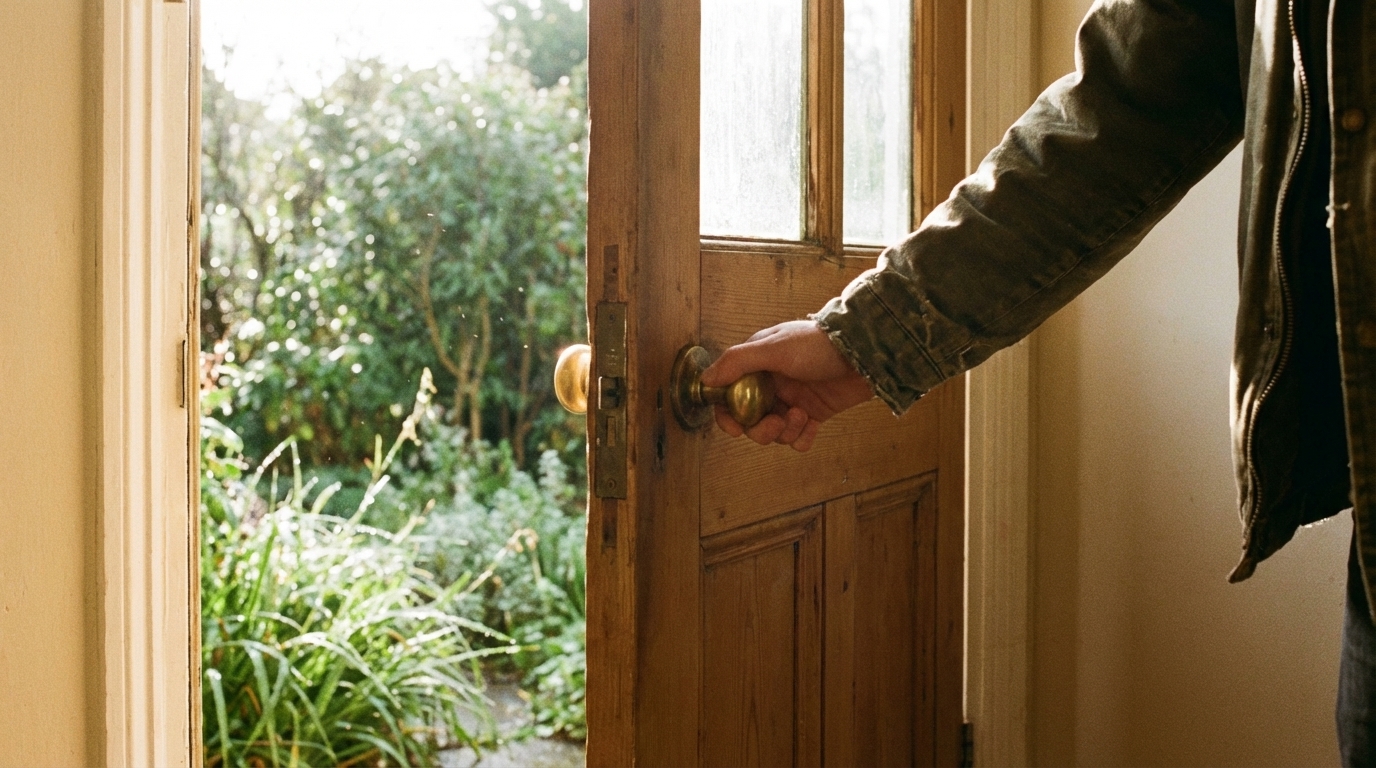 Front door opening with sunlight and a hand on the doorknob