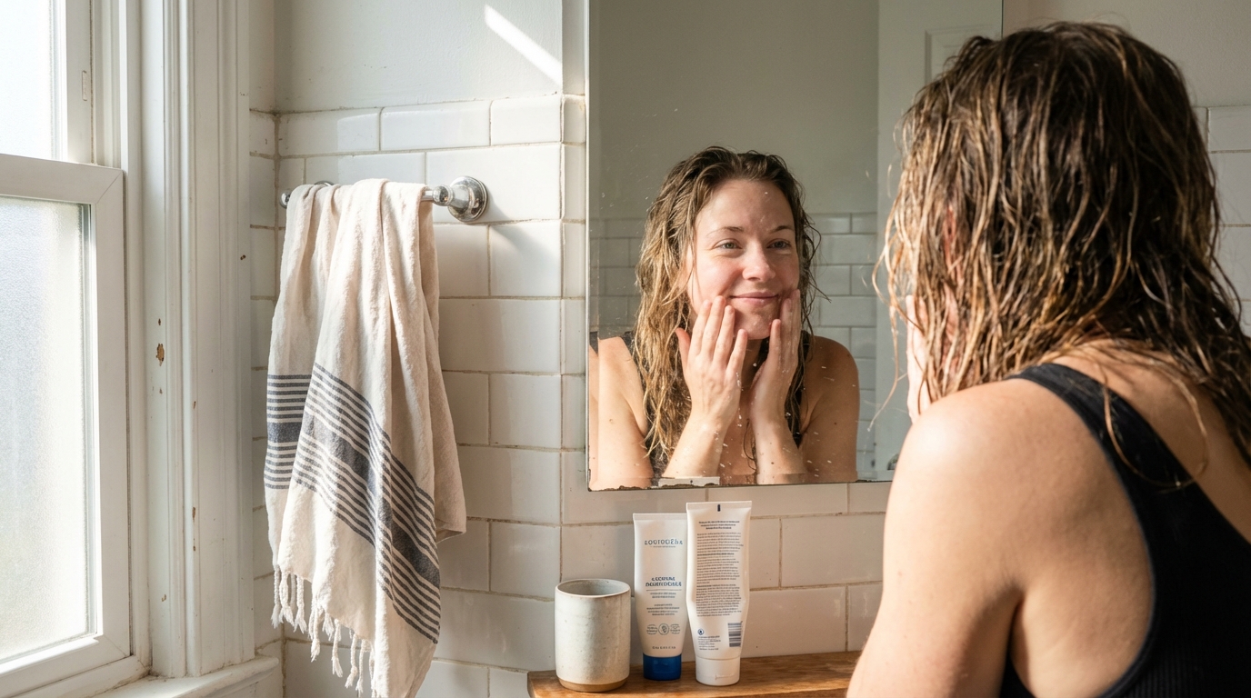 Woman in mirror looking calmer in morning light