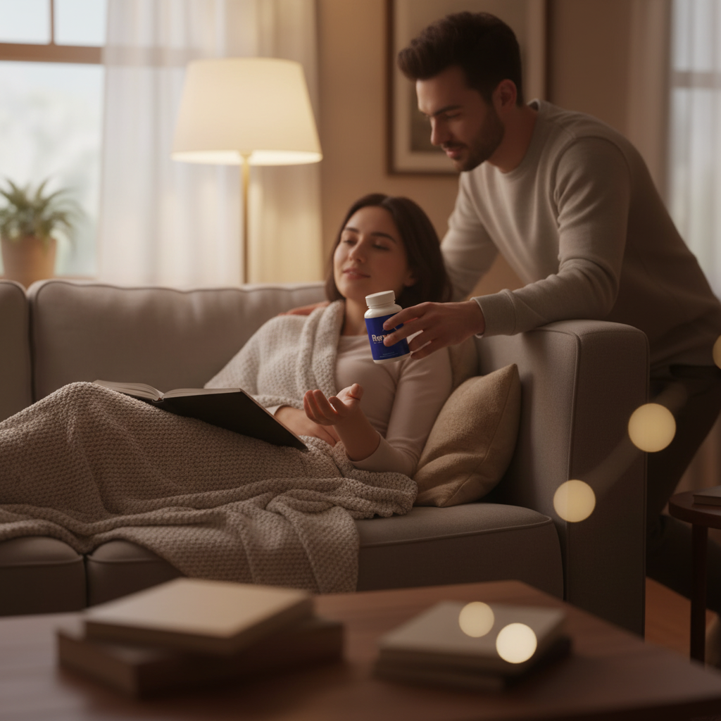 Partner handing a Renew bottle to someone journaling on the couch