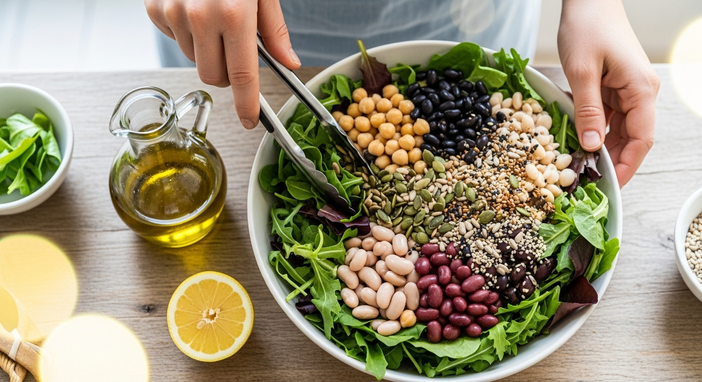 Hands building a Mediterranean-style salad at home