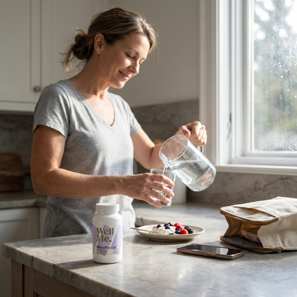 MenoRescue bottle on kitchen counter in a simple morning routine