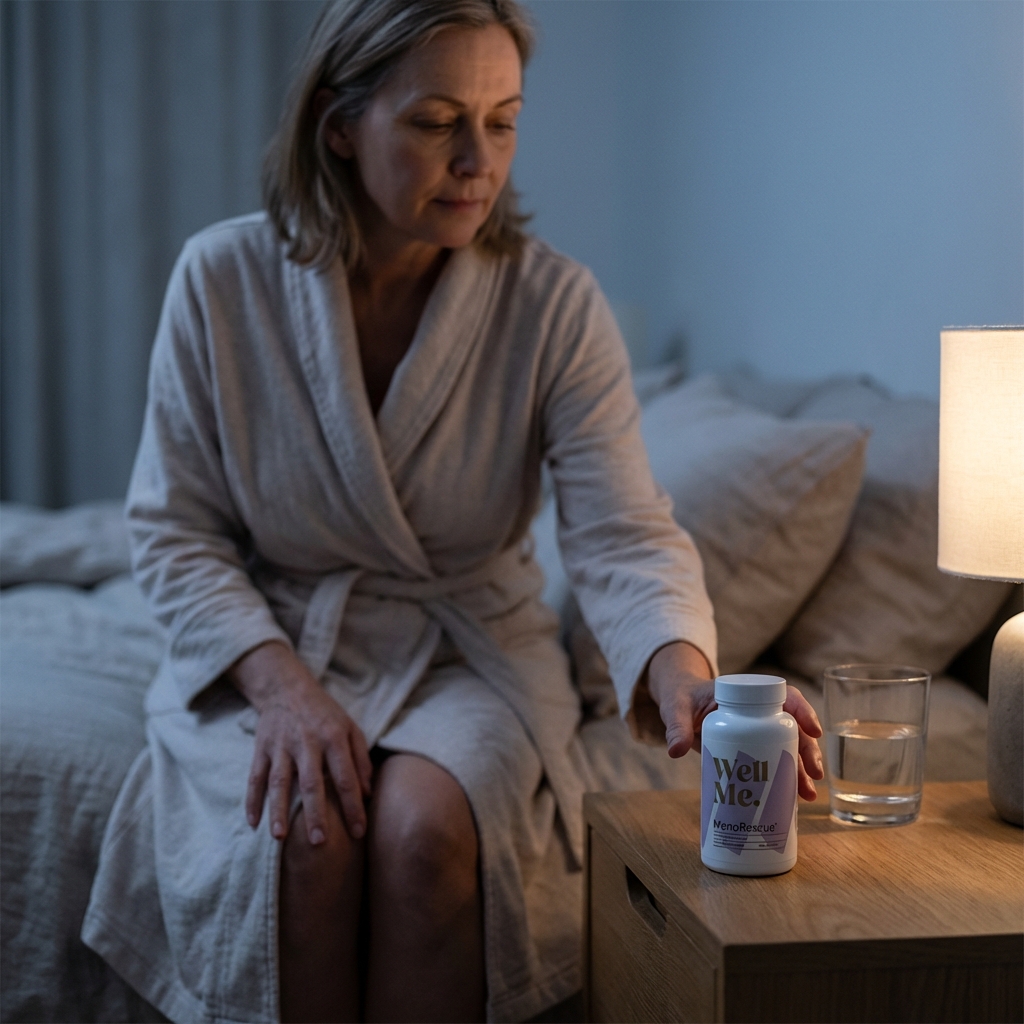 MenoRescue on nightstand supporting a calmer bedtime routine
