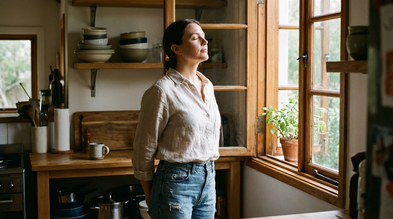 Woman breathing slowly by a window