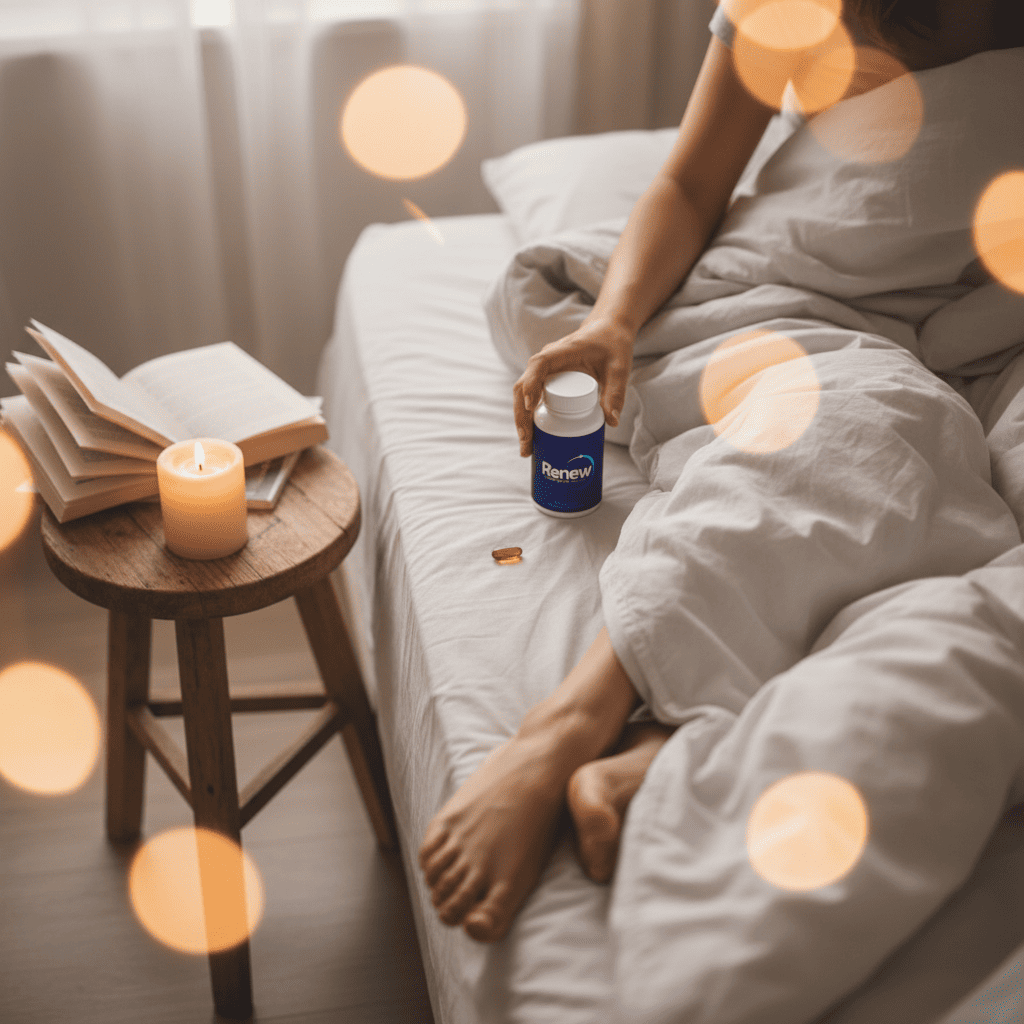 Overhead view of a cozy bed and hand reaching for Renew