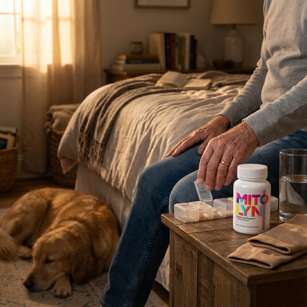 Person splits a weekly pill organizer beside a focused Mitolyn bottle on a nightstand.