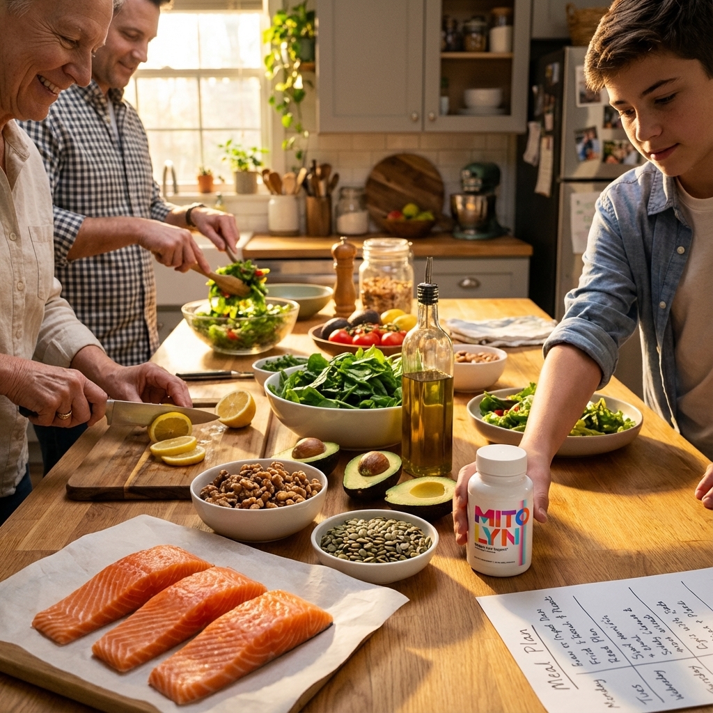 Family prepares salmon and seeds while a teen sets a Mitolyn bottle by a meal plan.