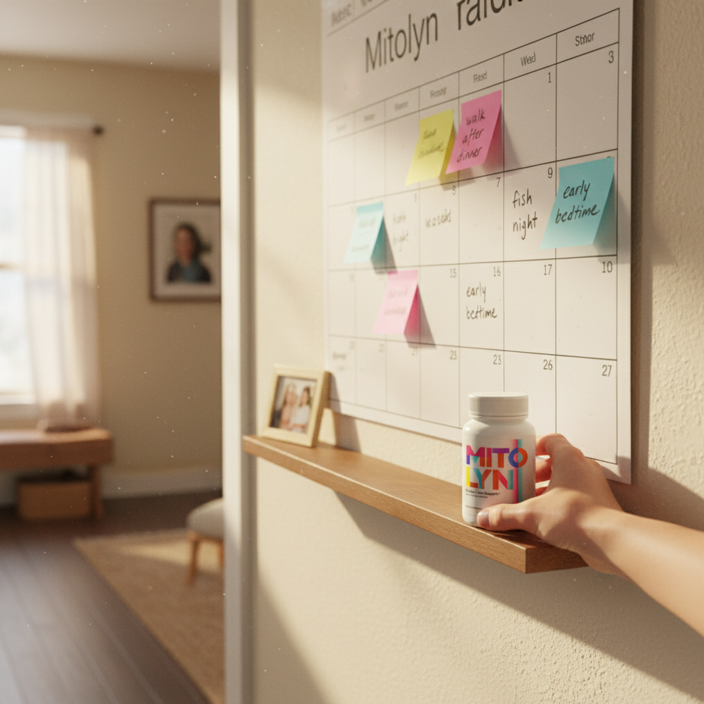 Hand placing a Mitolyn bottle on a busy family wall calendar shelf.