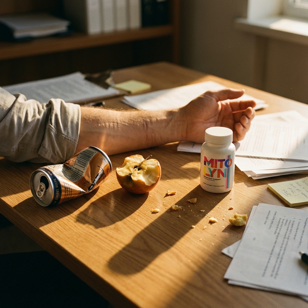 Mitolyn bottle beside coffee mug in morning light