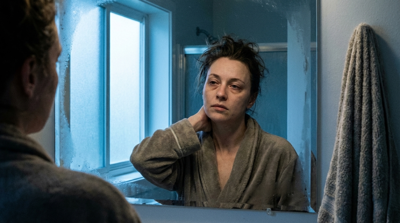 A tired person rubbing their neck in a bathroom mirror