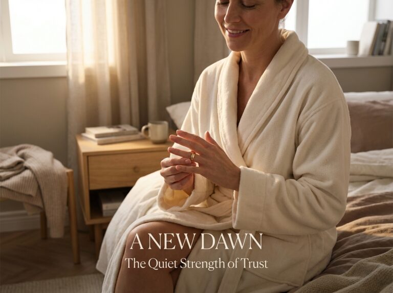 Woman sliding a ring on her finger in soft morning light