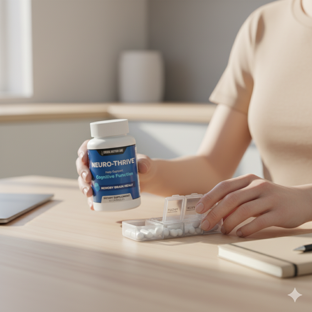 Neuro-Thrive bottle with pill case, best supplements for brain fog routine.