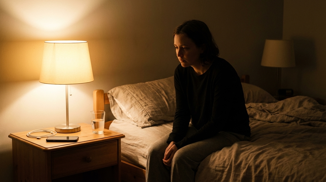 A person sitting on the edge of a bed under warm lamplight