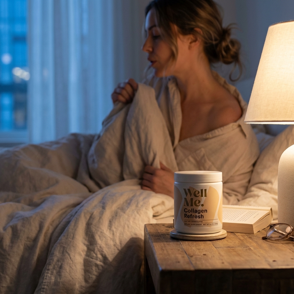 Collagen Refresh on nightstand beside lamp and book
