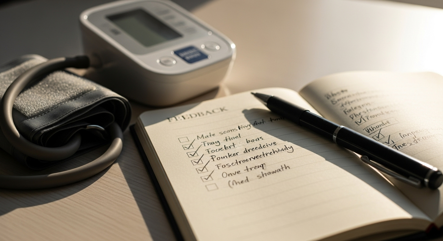 Notebook with checkmarks beside a home pressure cuff