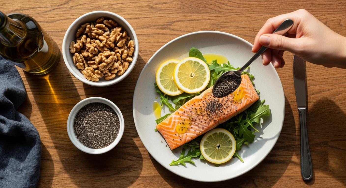 Overhead view of salmon, nuts, and seeds arranged on a wooden table.