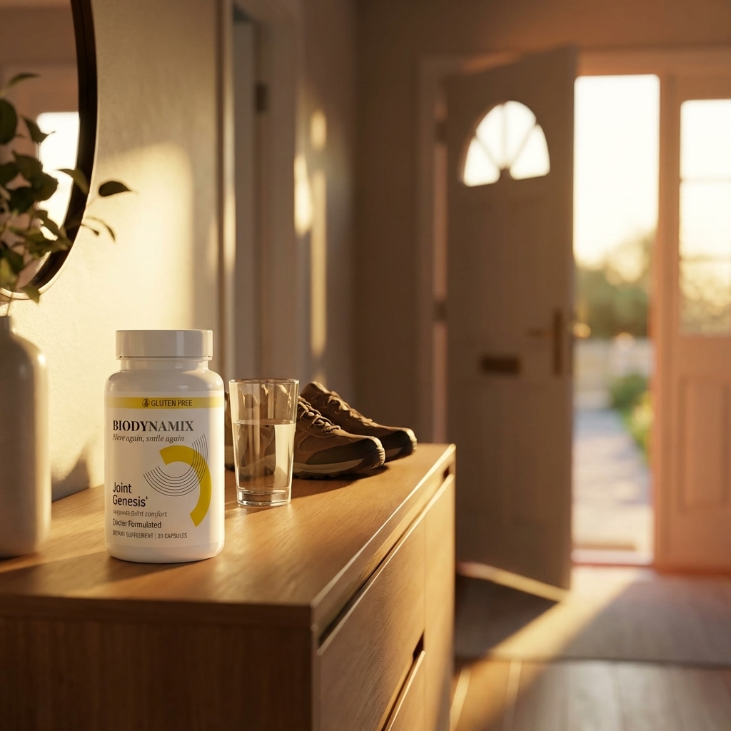 Joint comfort supplement bottle on an entry console in warm light
