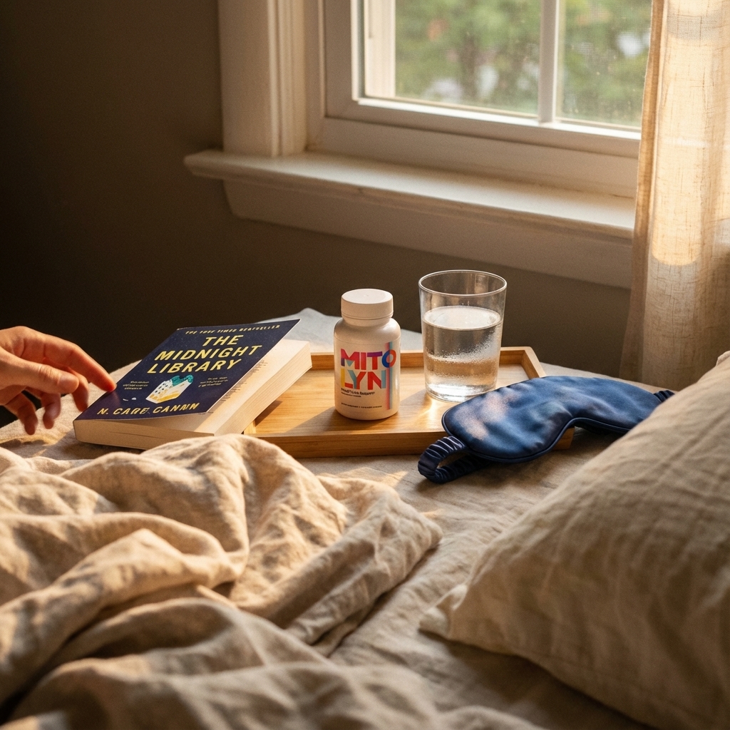Mitolyn bottle beside water on a softly lit bedside tray