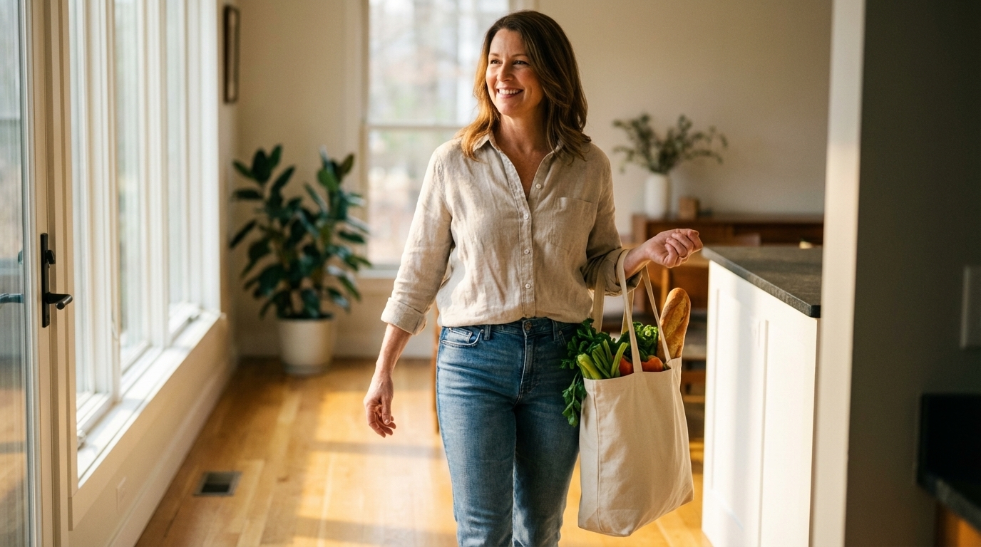 Midlife adult moving comfortably through a bright room