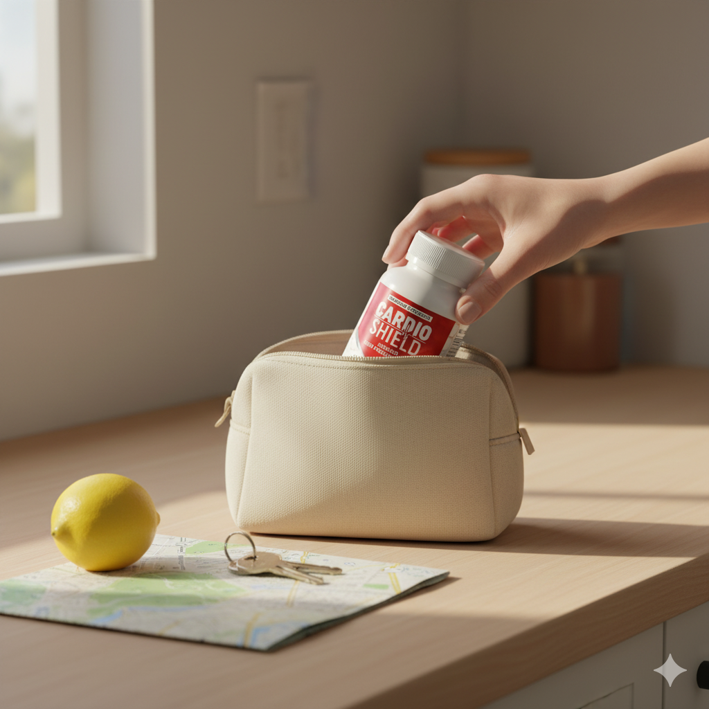 Daily capsule tucked into a small travel pouch