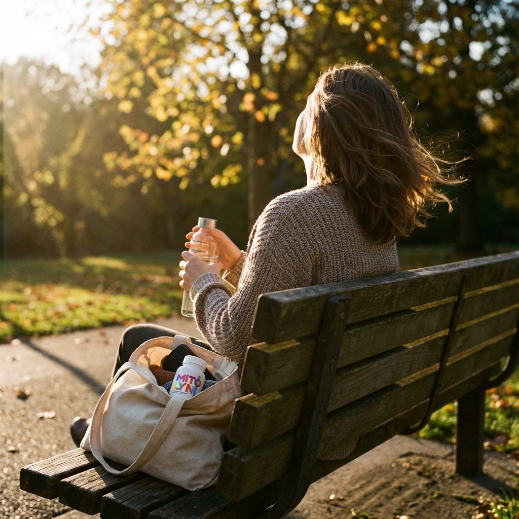 Mitolyn bottle in a tote beside a relaxed park bench moment