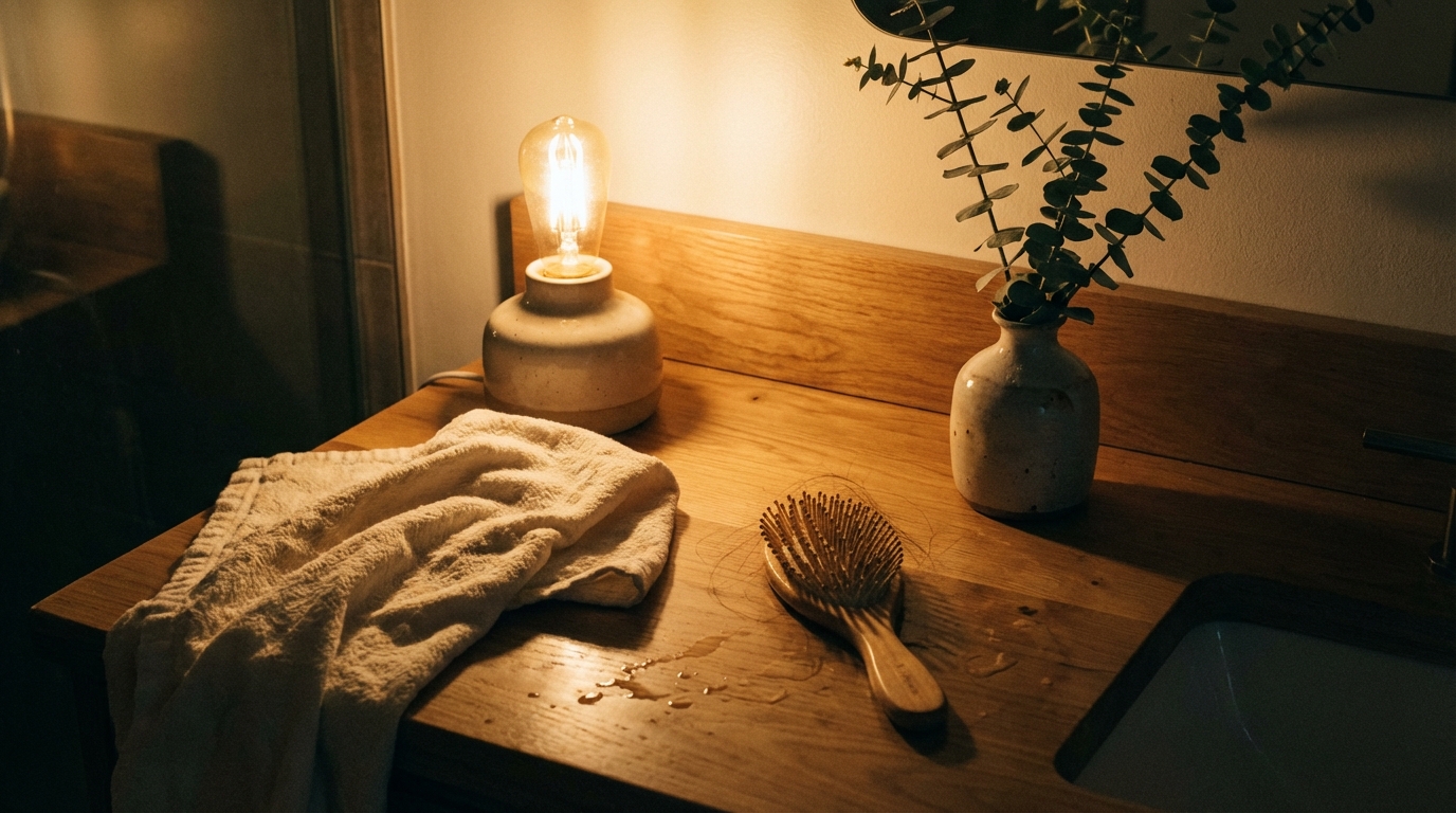 Calm bathroom vanity scene in warm evening light