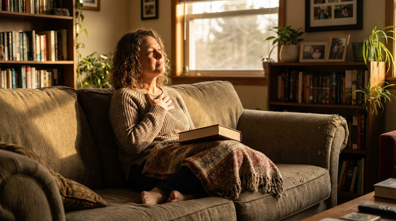 Midlife woman resting on couch in warm evening light