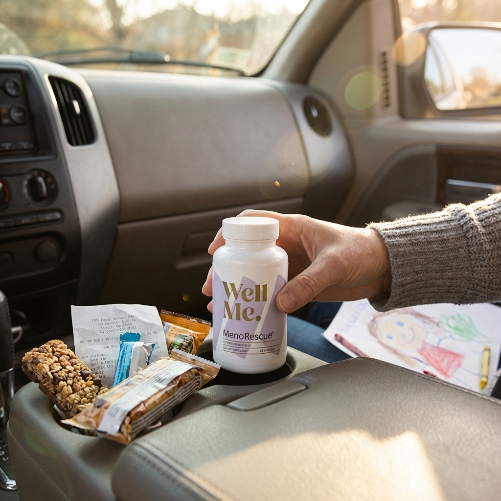 MenoRescue bottle in focus in a car console during school pickup as a woman reaches for it
