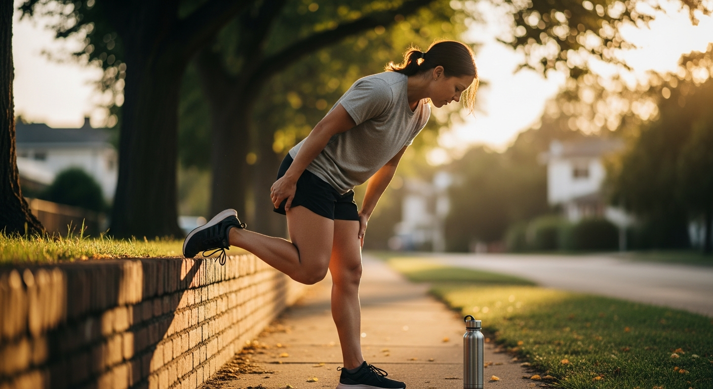Person stretches a sore leg on a neighborhood sidewalk at golden hour.
