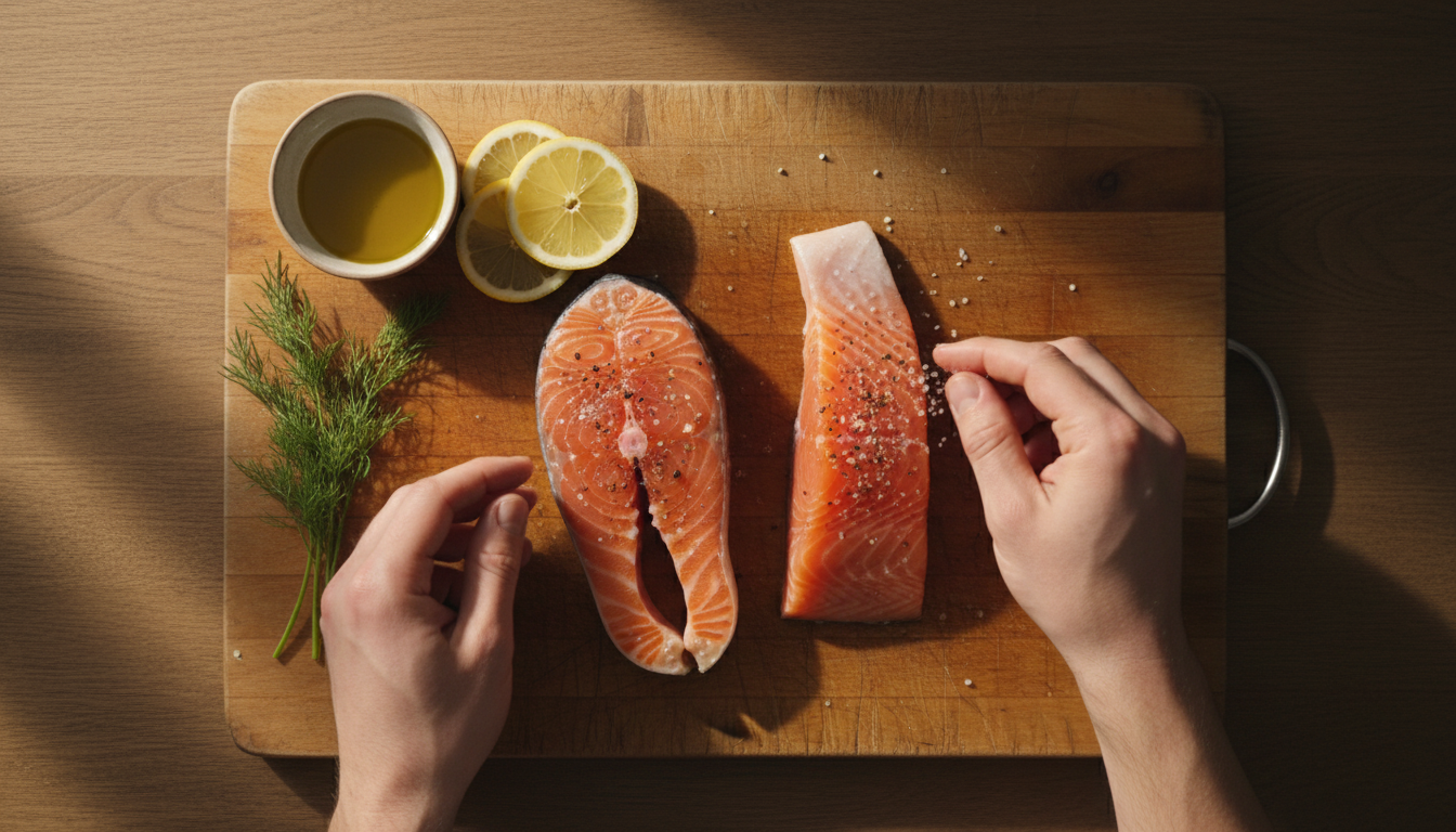 Hands seasoning salmon fillets in natural afternoon light on a wooden board.