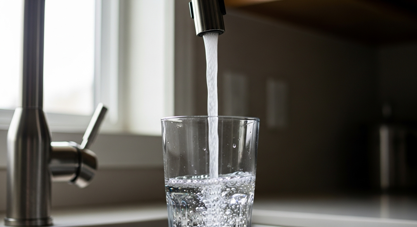 Water filling a glass in soft window light