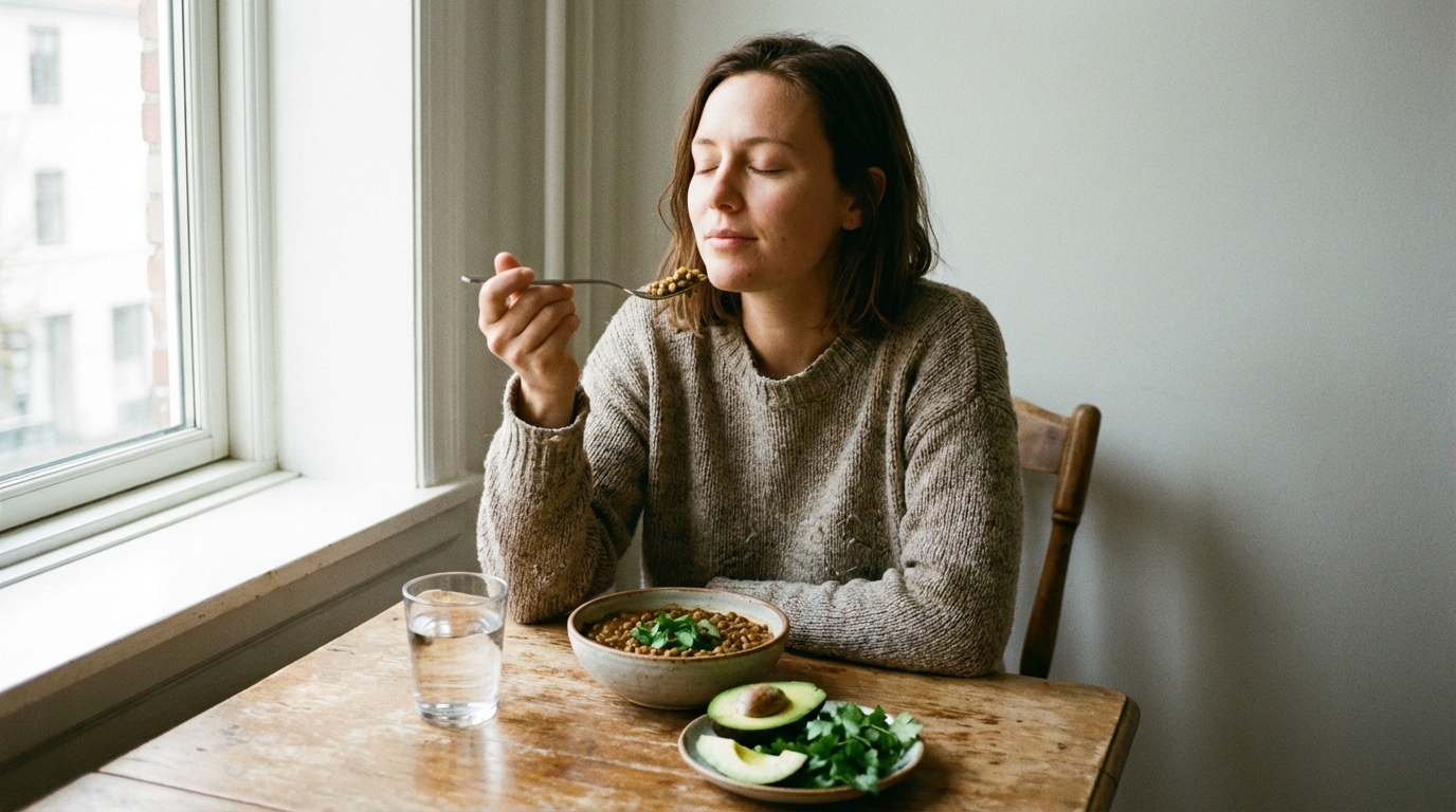Woman eating a simple balanced lunch calmly