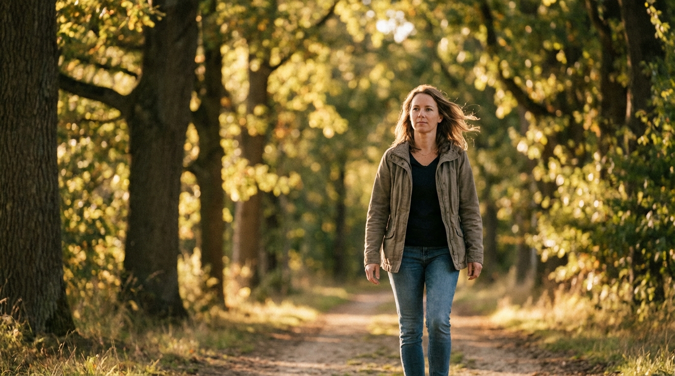 Woman walking calmly on a sunlit path