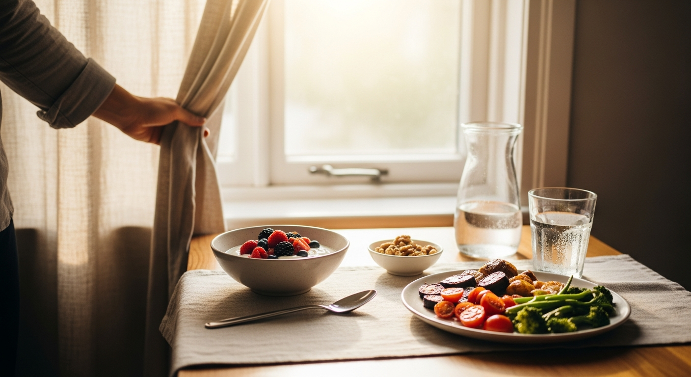 Simple breakfast of yogurt, vegetables, and nuts by a bright window.
