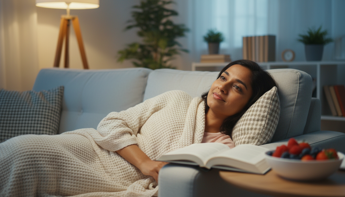 Person resting on a couch in soft evening light
