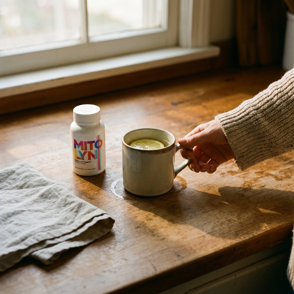 Mitolyn on a kitchen counter beside warm lemon water