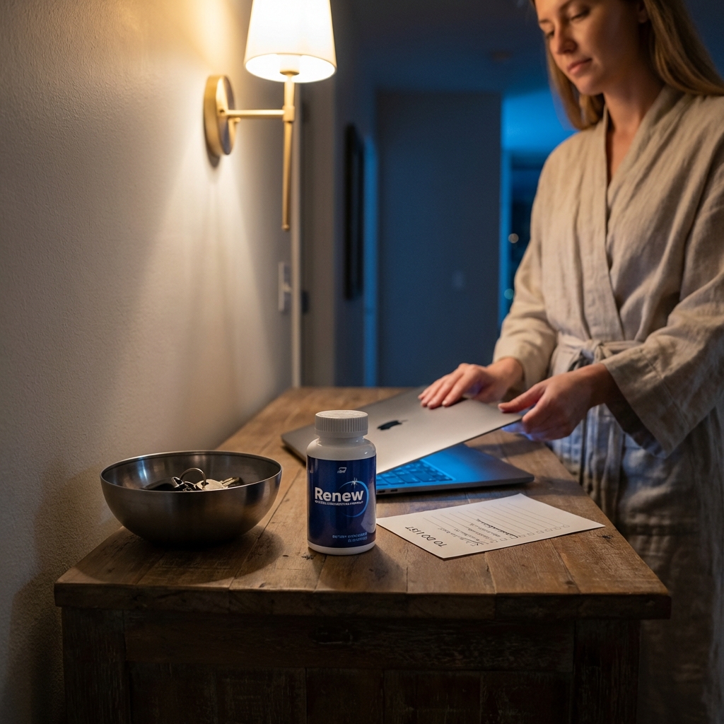 Renew bottle in warm light beside a closing laptop at night